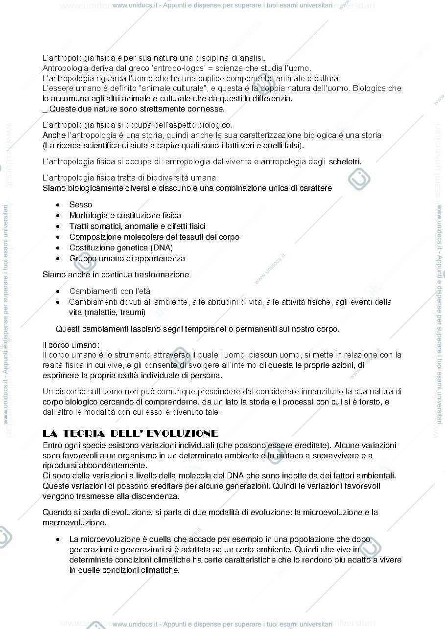 Anteprima pagina 1 — appunti delle lezioni di antropologia fisica