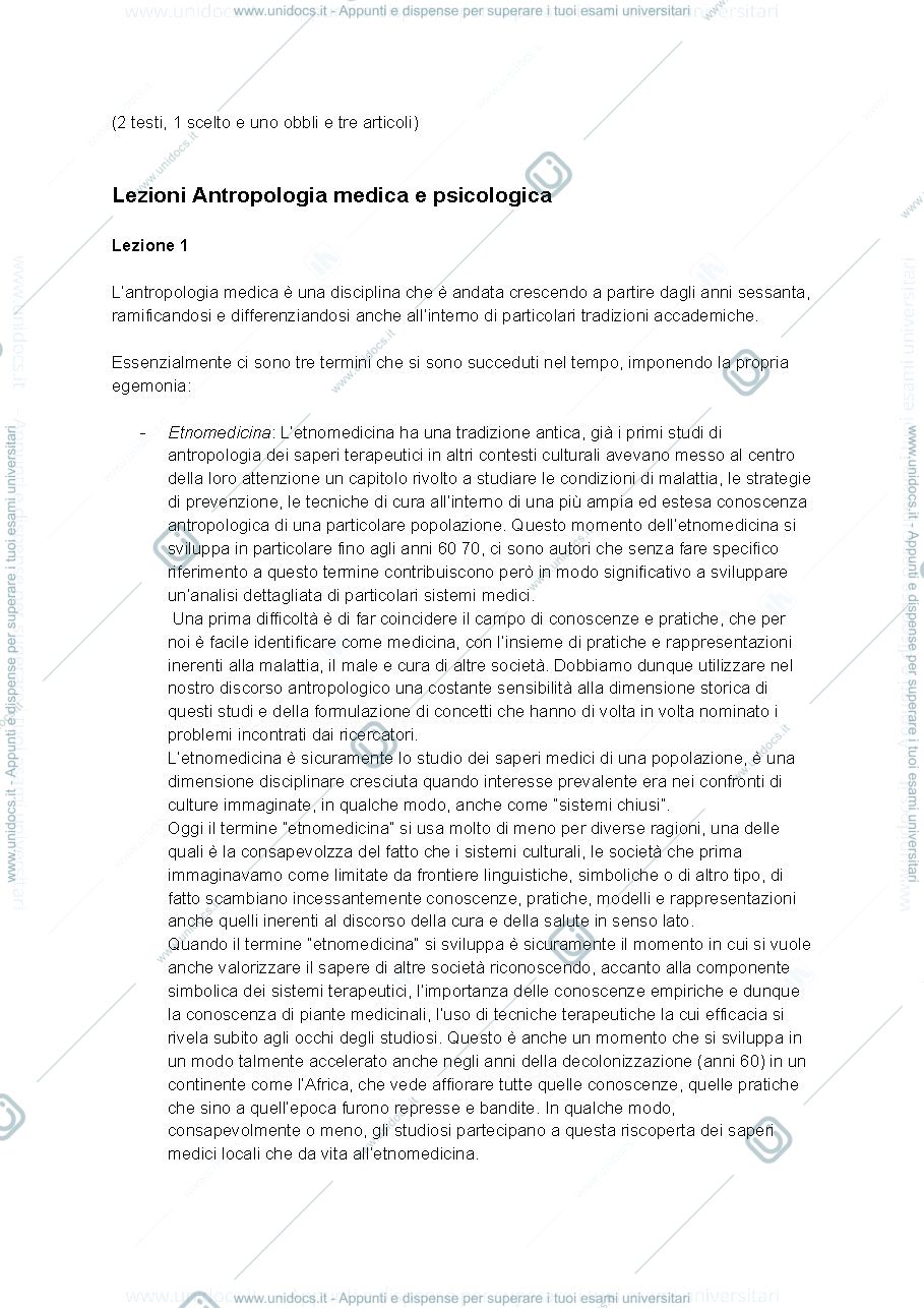 Anteprima pagina 1 — Lezioni 1 - 5 antropologia medica e psicologica
