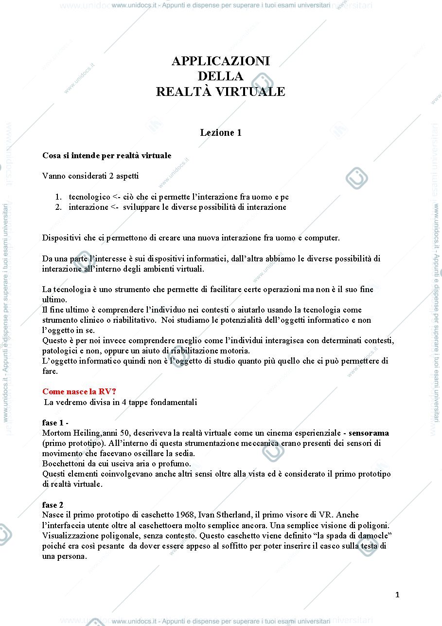 Anteprima pagina 1 — Appunti esame Applicazioni realtà virtuale 2020