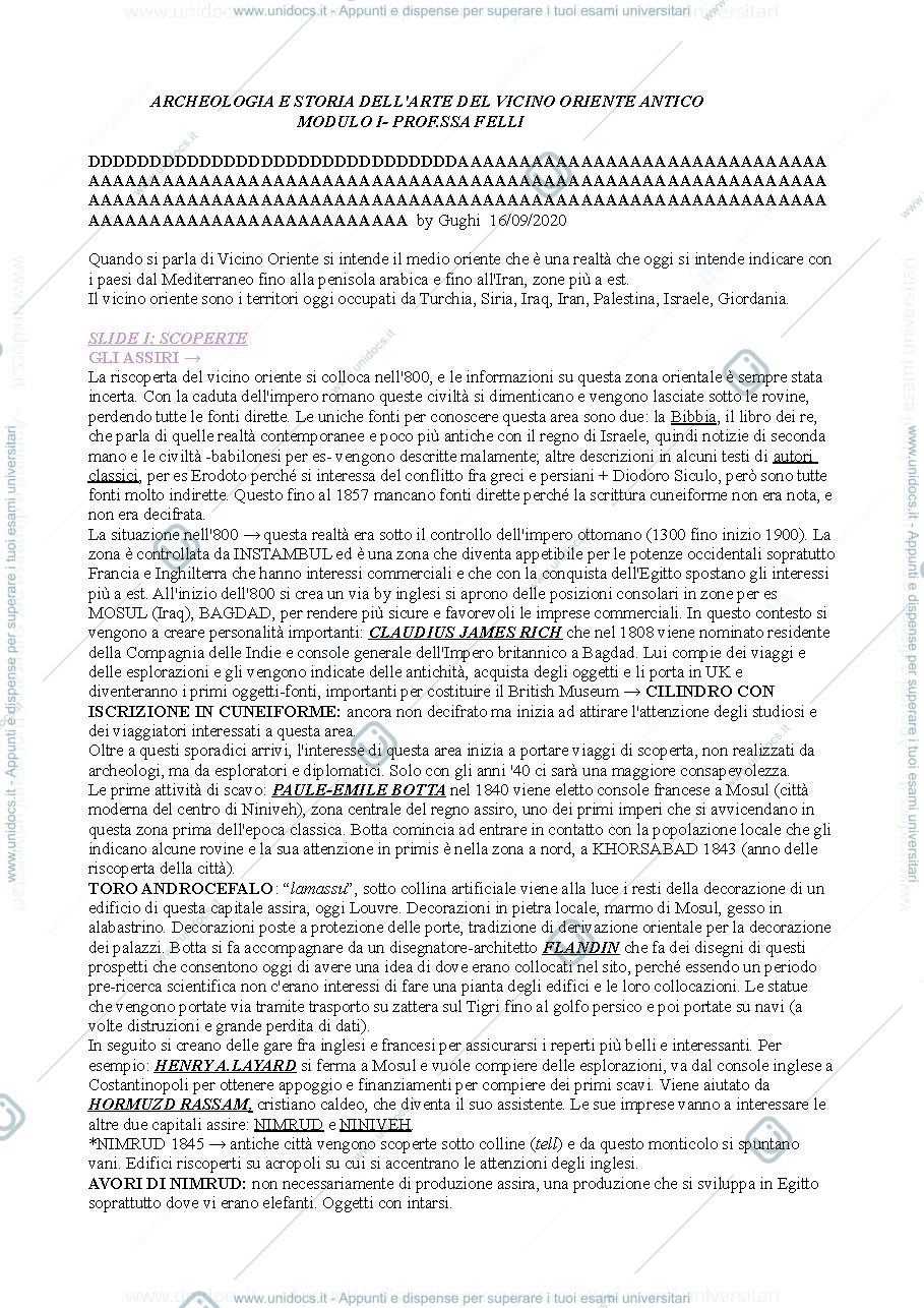 Anteprima pagina 1 — ARCHEOLOGIA E STORIA DELL'ARTE DEL VICINO ORIENTE ANTICO - PROF.SSA FELLI MODULO 1