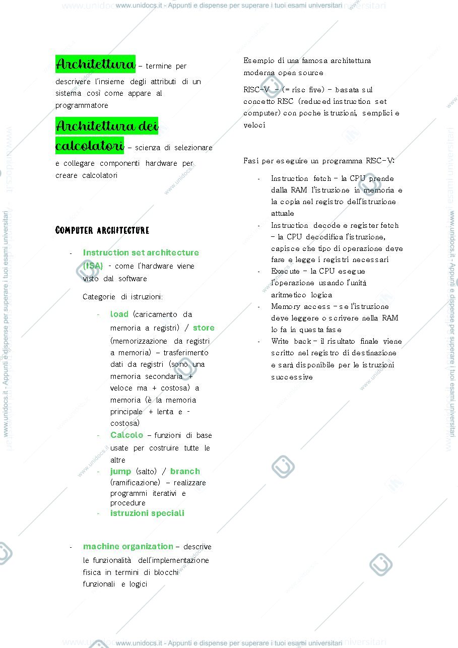 Anteprima pagina 1 — Esame universitario di ARCHITETTURE DEI CALCOLATORI