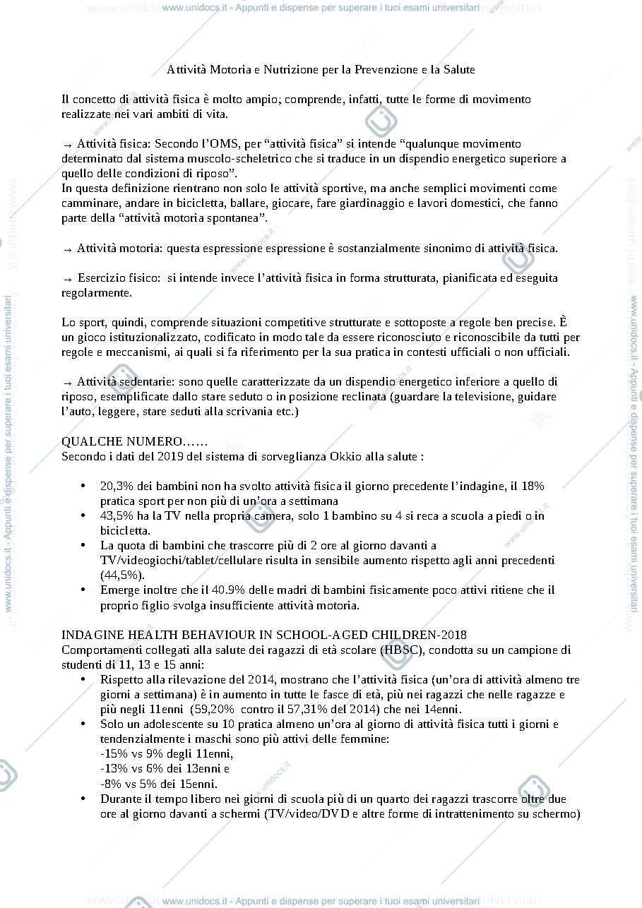 Anteprima pagina 1 — Riassunto attività motoria e nutrizione