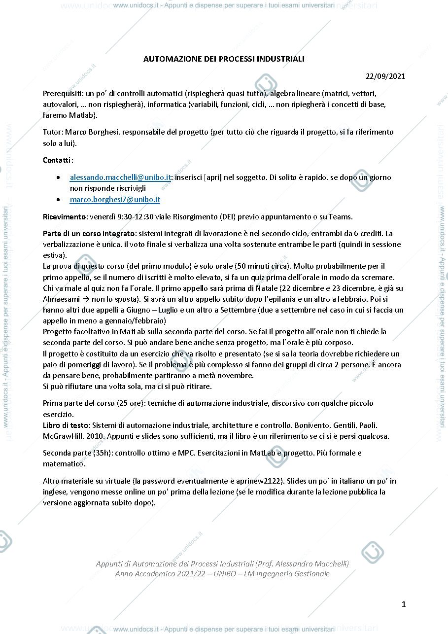 Anteprima pagina 1 — Riassunto automazione