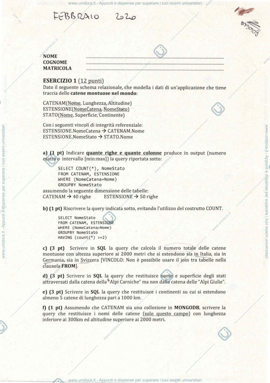Anteprima pagina 1 — Esami basi di dati