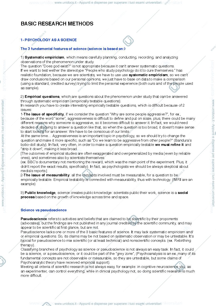 Anteprima pagina 1 — APPUNTI COMPLETI DI BASIC RESEARCH METHODS, DOCENTE M. VICOVARO