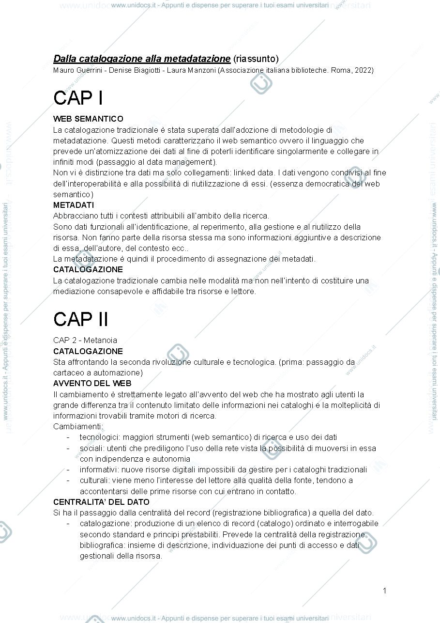 Anteprima pagina 1 — Riassunto libro "dalla catalogazione alla metadatazione"
