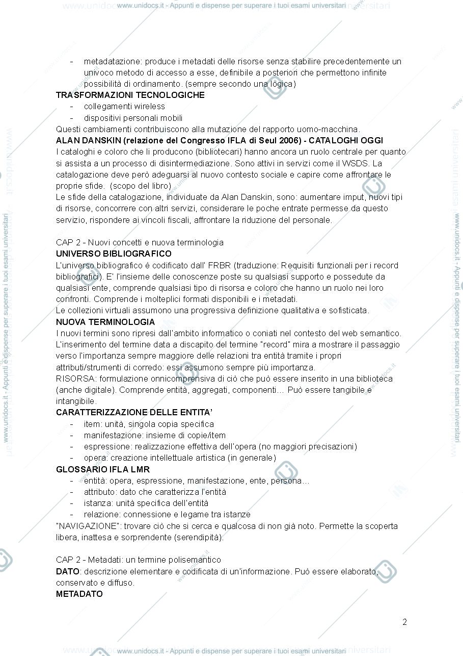 Anteprima pagina 2 — Riassunto libro "dalla catalogazione alla metadatazione"