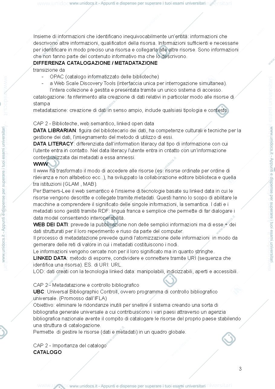 Anteprima pagina 3 — Riassunto libro "dalla catalogazione alla metadatazione"