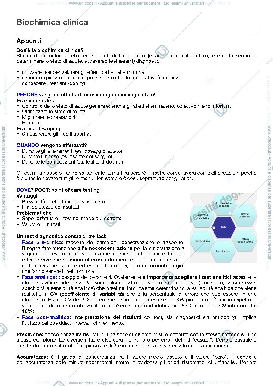 Anteprima pagina 1 — Appunti di biochimica clinica per il secondo anno di scienze motorie
