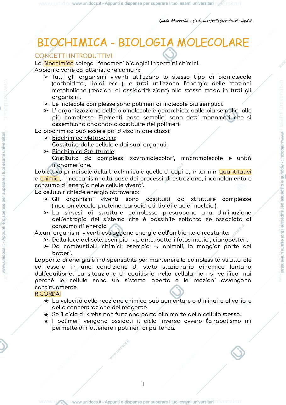 Anteprima pagina 2 — Appunti di Biochimica e Biologia Molecolare prof.ssa Brini