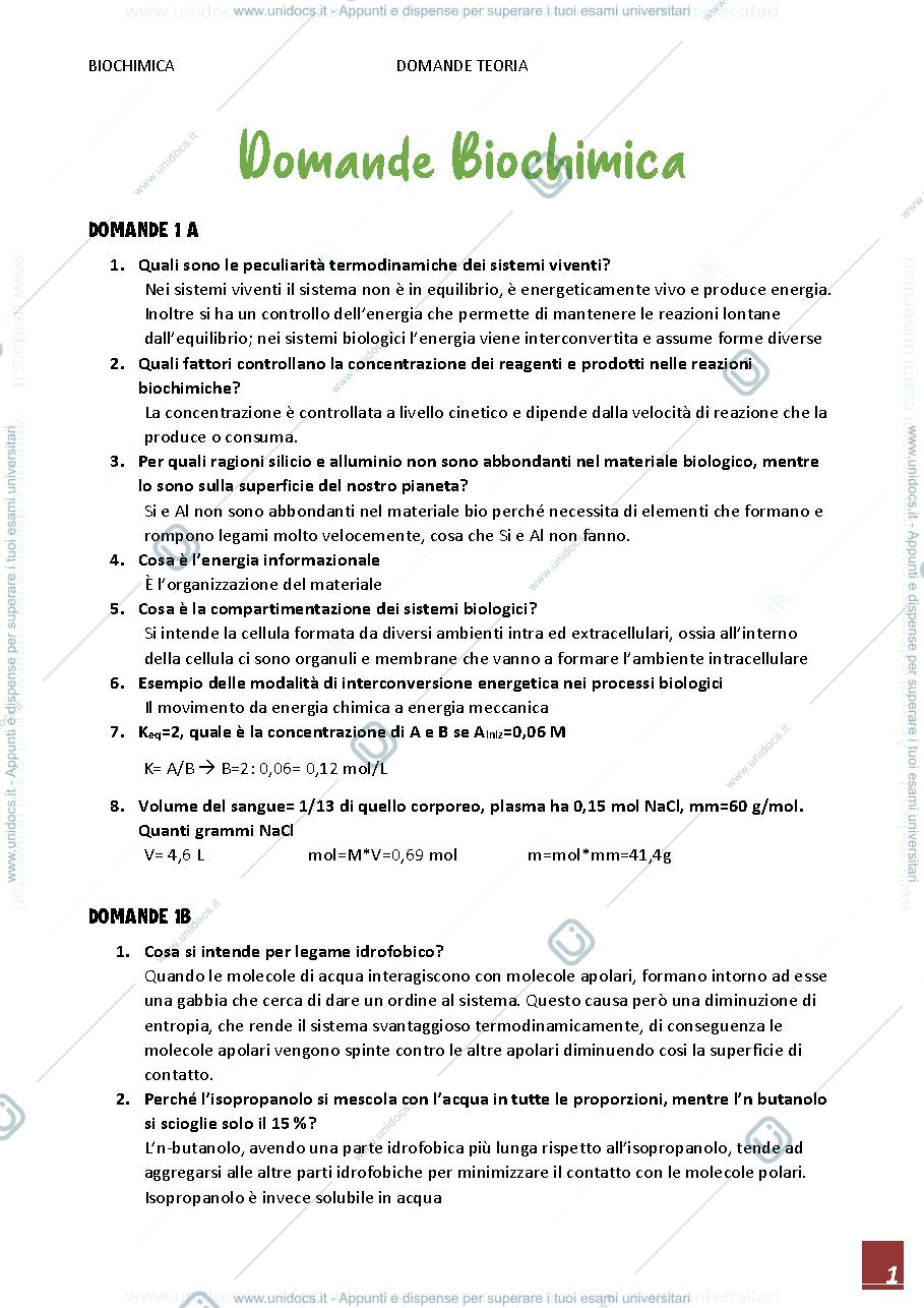 Anteprima pagina 1 — domande biochimica generale