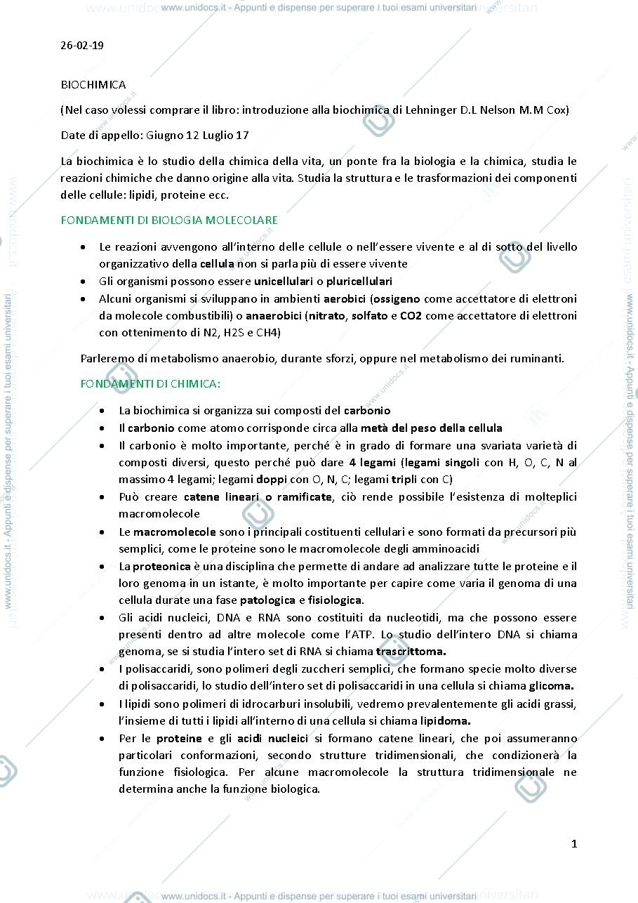 Anteprima pagina 1 — Biochimica 