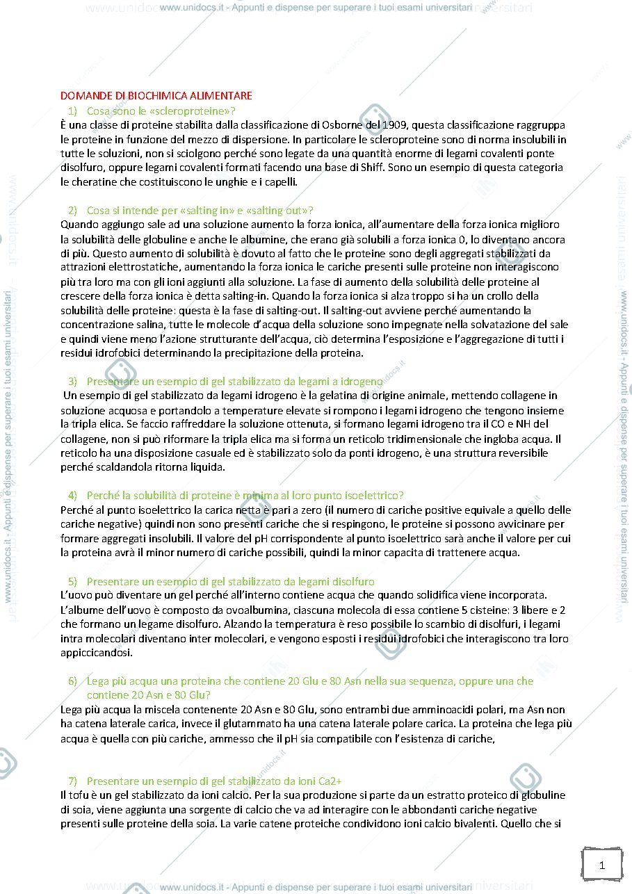 Anteprima pagina 1 — Domande e risposte d’esame biochimica alimentare