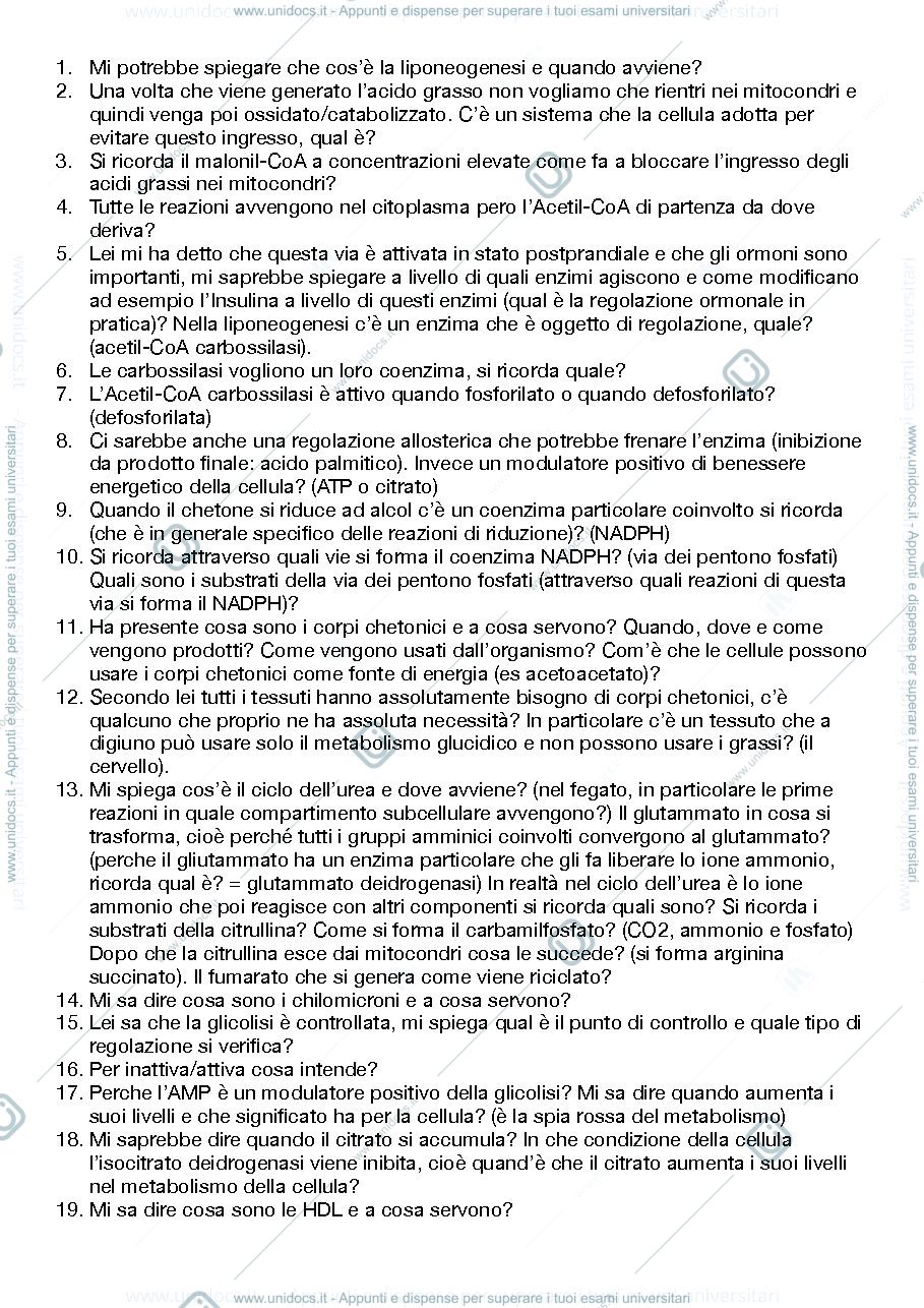 Anteprima pagina 1 — Domande di biochimica della seconda parte (dal metabolismo in poi)