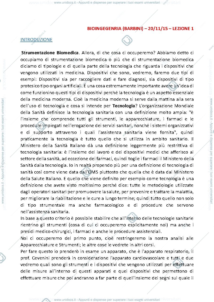 Anteprima pagina 1 — bioingegneria 1 lezione
