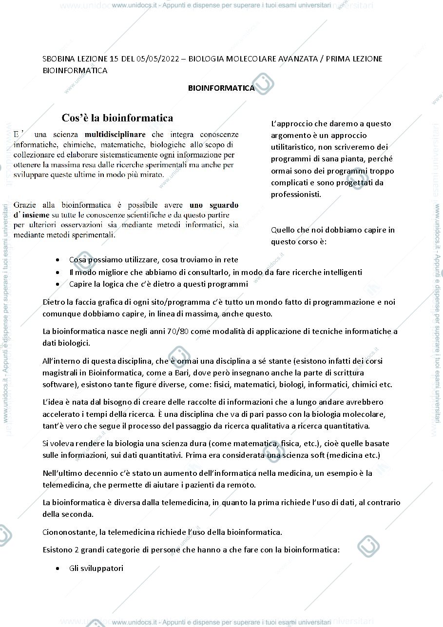 Anteprima pagina 1 — Bioinformatica 