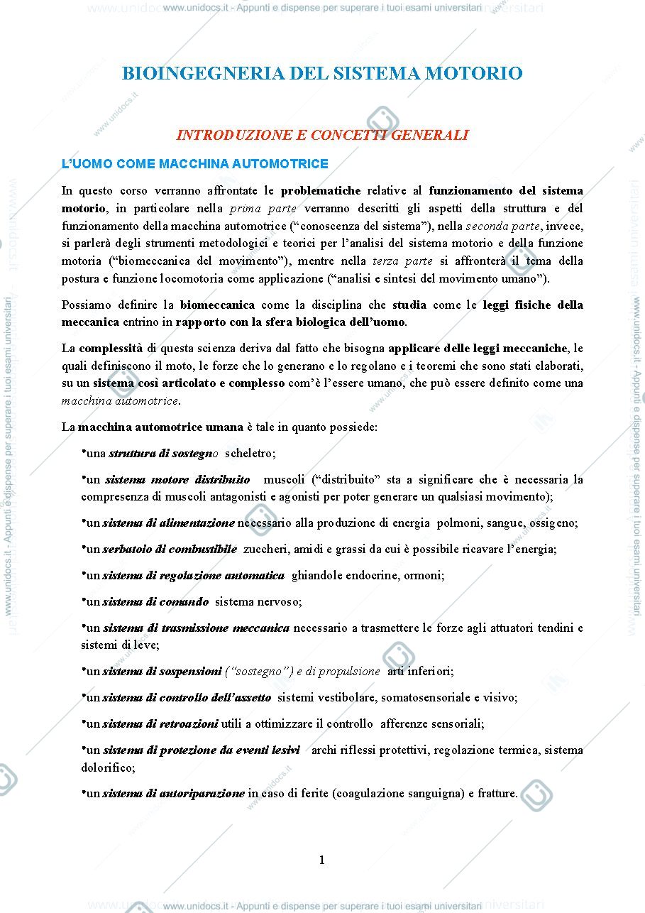Anteprima pagina 1 — Bioingegneria del sistema motorio