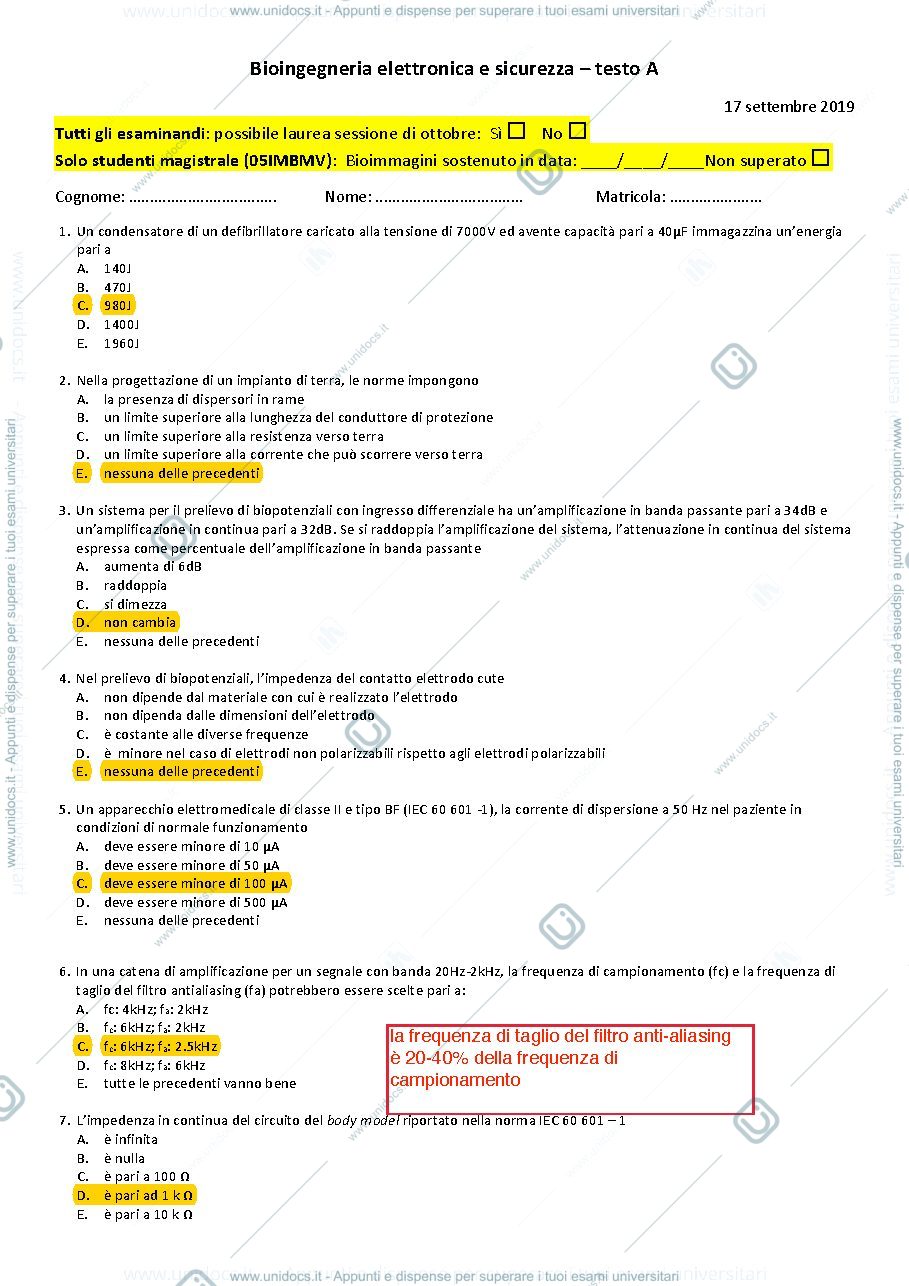 Anteprima pagina 1 — Quiz Bioingegneria elettronica e sicurezza