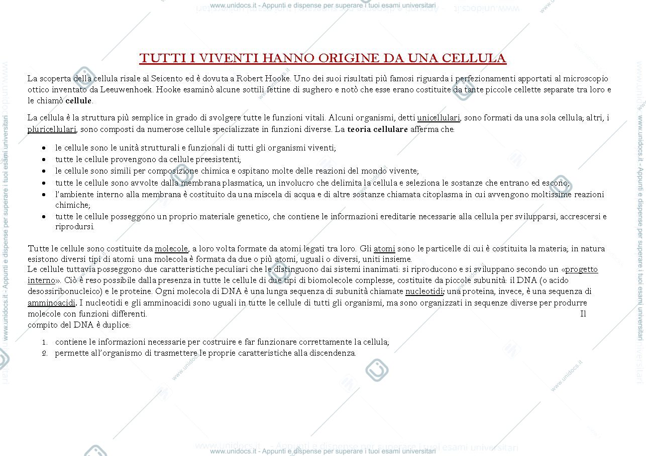 Anteprima pagina 1 — prima parte del corso di biologia