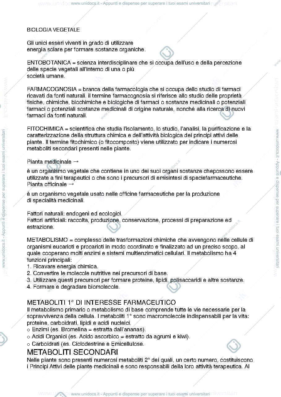 Anteprima pagina 1 — Biologia vegetale sbobinature