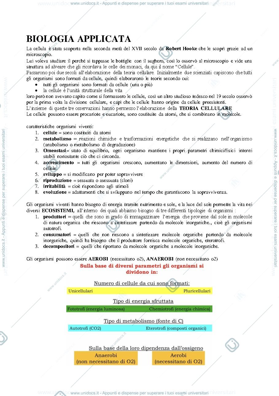 Anteprima pagina 1 — BIOLOGIA APPLICATA APPUNTI