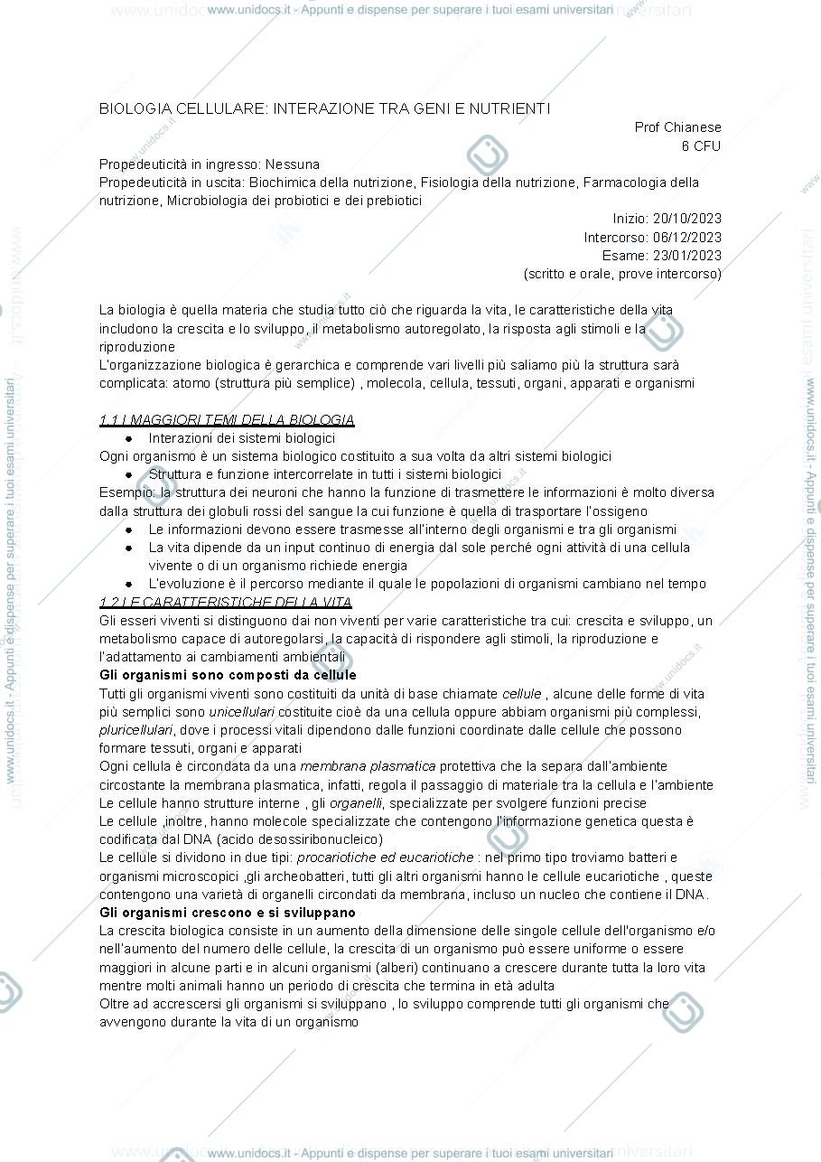 Anteprima pagina 1 — BIOLOGIA CELLULARE: INTERAZIONE TRA GENI E NUTRIENTI