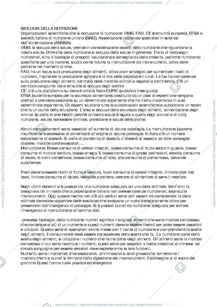 Anteprima pagina 1 — prima parte di biologia della nutrizione 