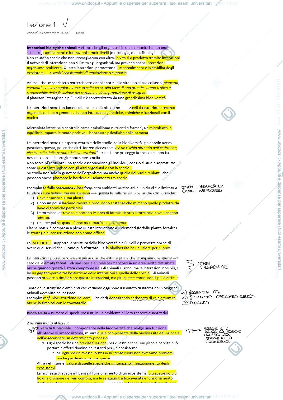 Anteprima pagina 1 — Appunti Biologia delle interazioni animali 
