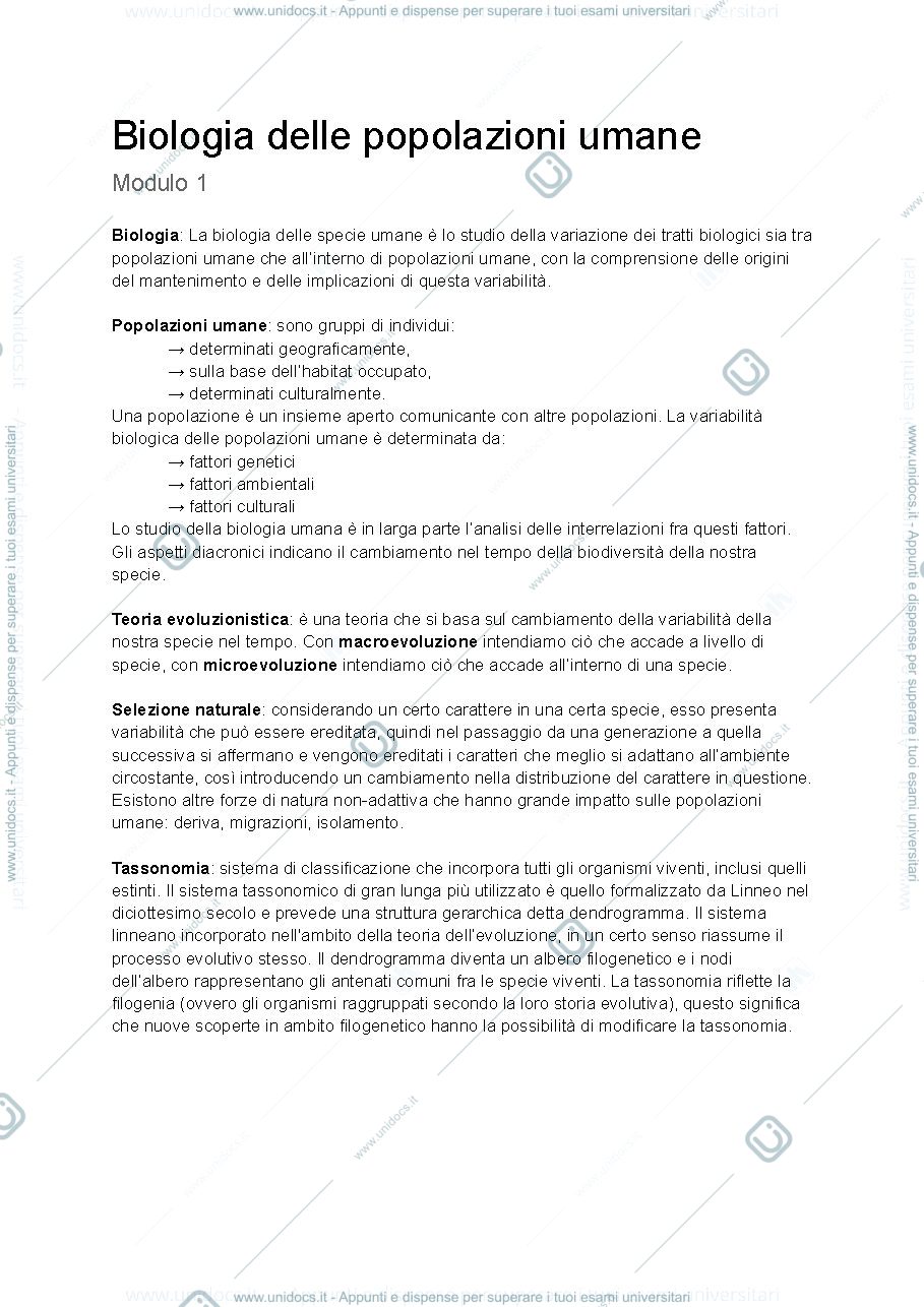 Anteprima pagina 1 — Riassunti Biologia delle Popolazioni Umane