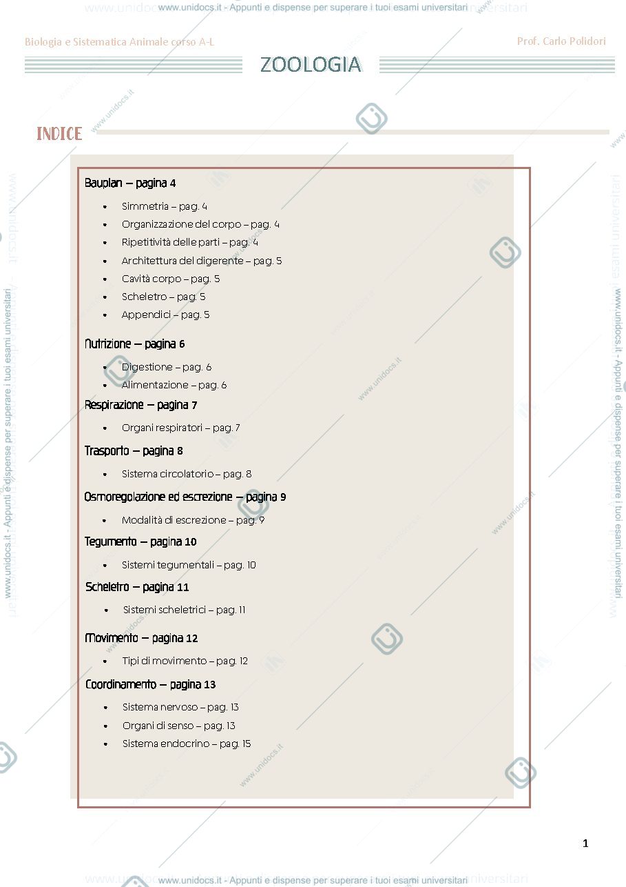 Anteprima pagina 1 — Appunti biologia e sistematica animale