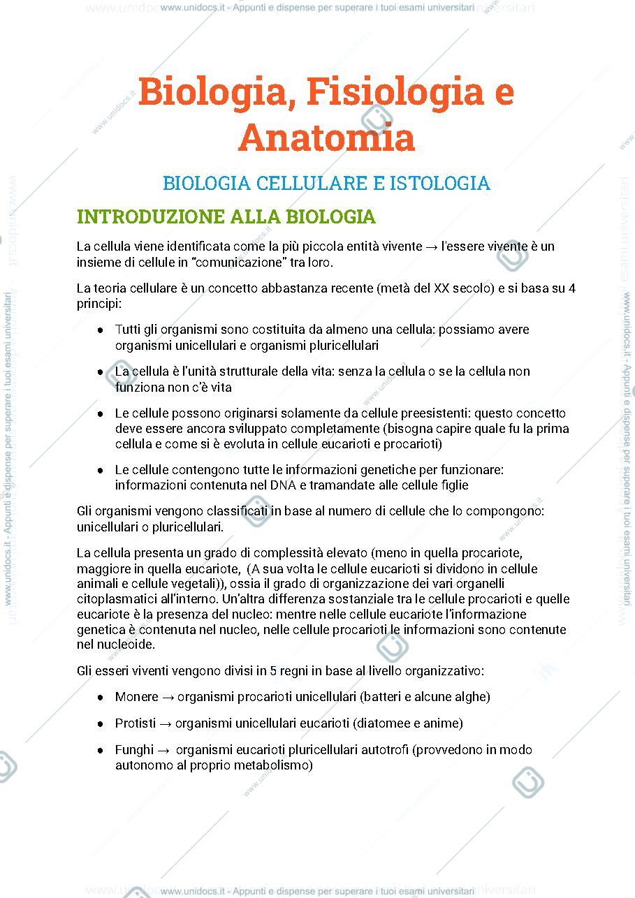 Anteprima pagina 1 — Riassunto programma biologia,fisiologia e anatomia