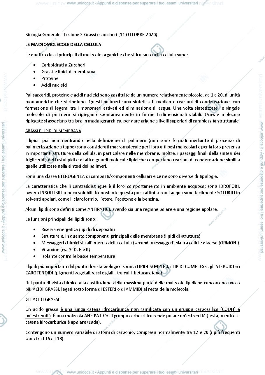 Anteprima pagina 1 — biologia generale e cellulare - Lipidi e Carboidrati