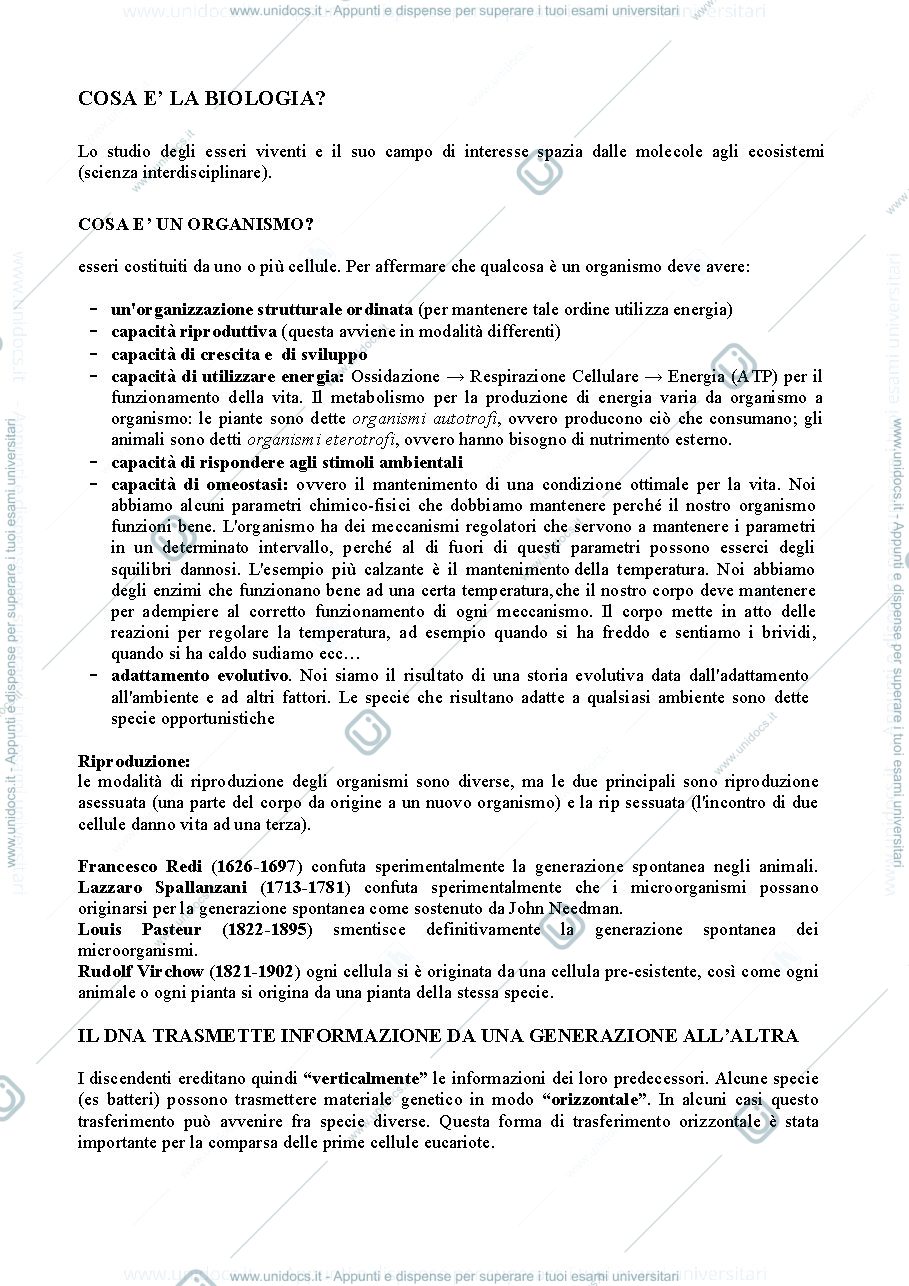 Anteprima pagina 1 — INTRODUZIONE BIOLOGIA GENERALE + CENNI ALLA MICROSCOPIA