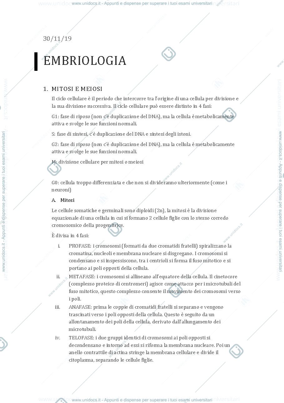 Anteprima pagina 1 — Appunti embriologia