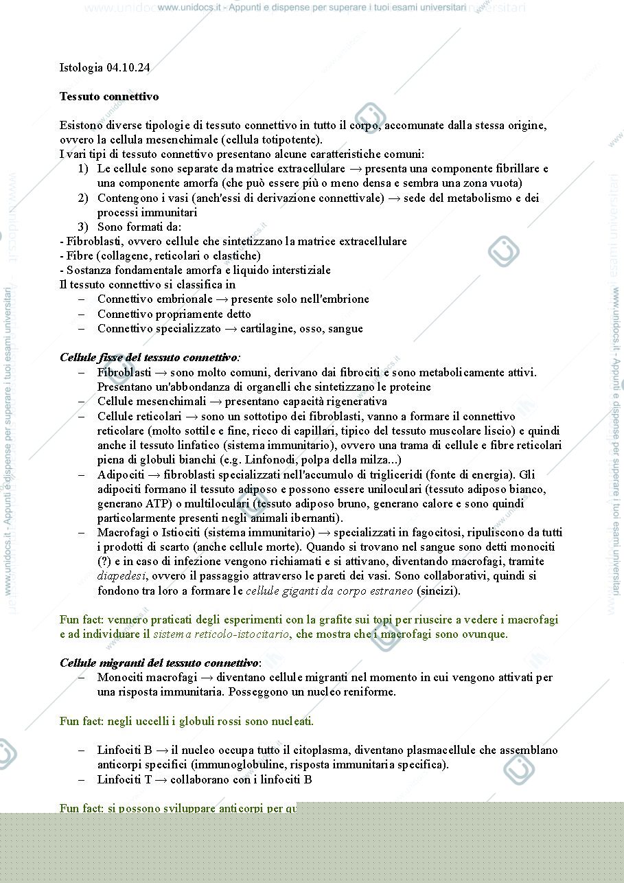 Anteprima pagina 1 — Introduzione tessuto connettivo - Istologia, prof. Gandolfi