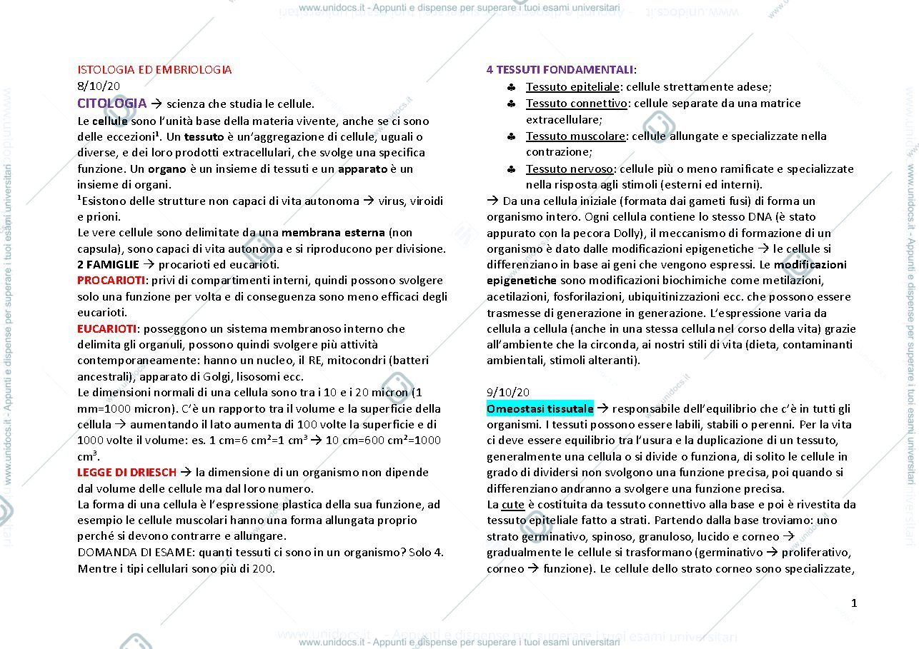 Anteprima pagina 1 — ISTOLOGIA ED EMBRIOLOGIA