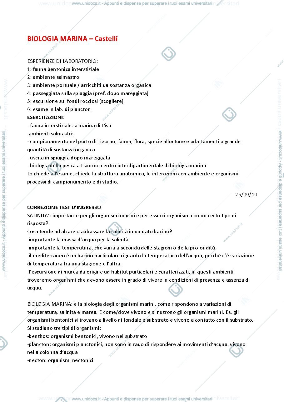 Anteprima pagina 1 — Appunti biologia marina