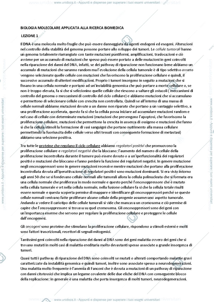 Anteprima pagina 1 — LEZIONI BIOLOGIA MOLECOLARE