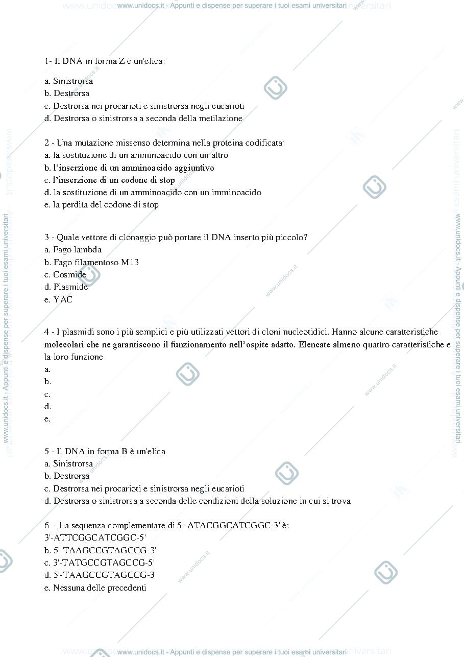 Anteprima pagina 1 — domanda a risposta multipla di biologia molecolare