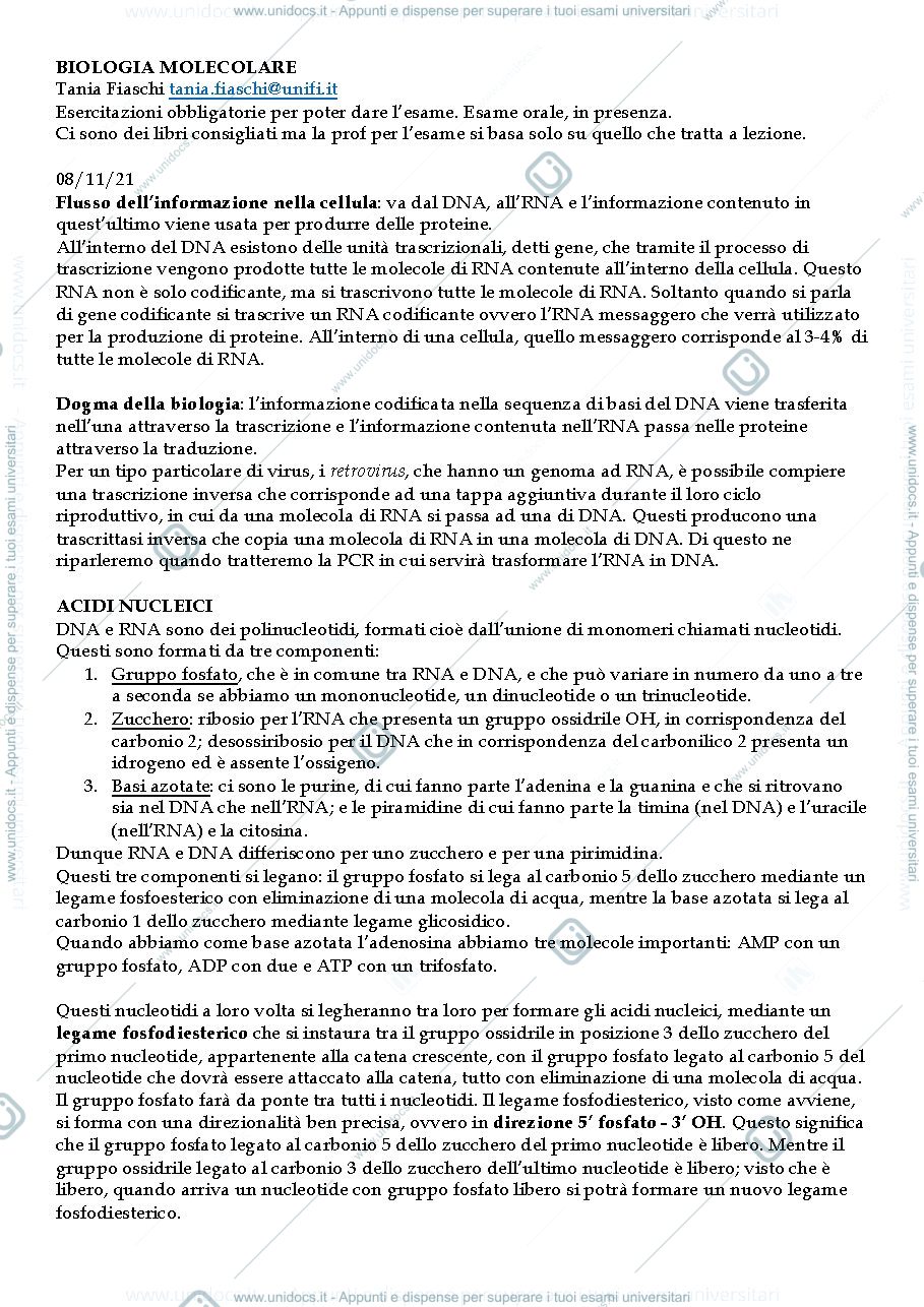 Anteprima pagina 1 — Biologia Molecolare 1 