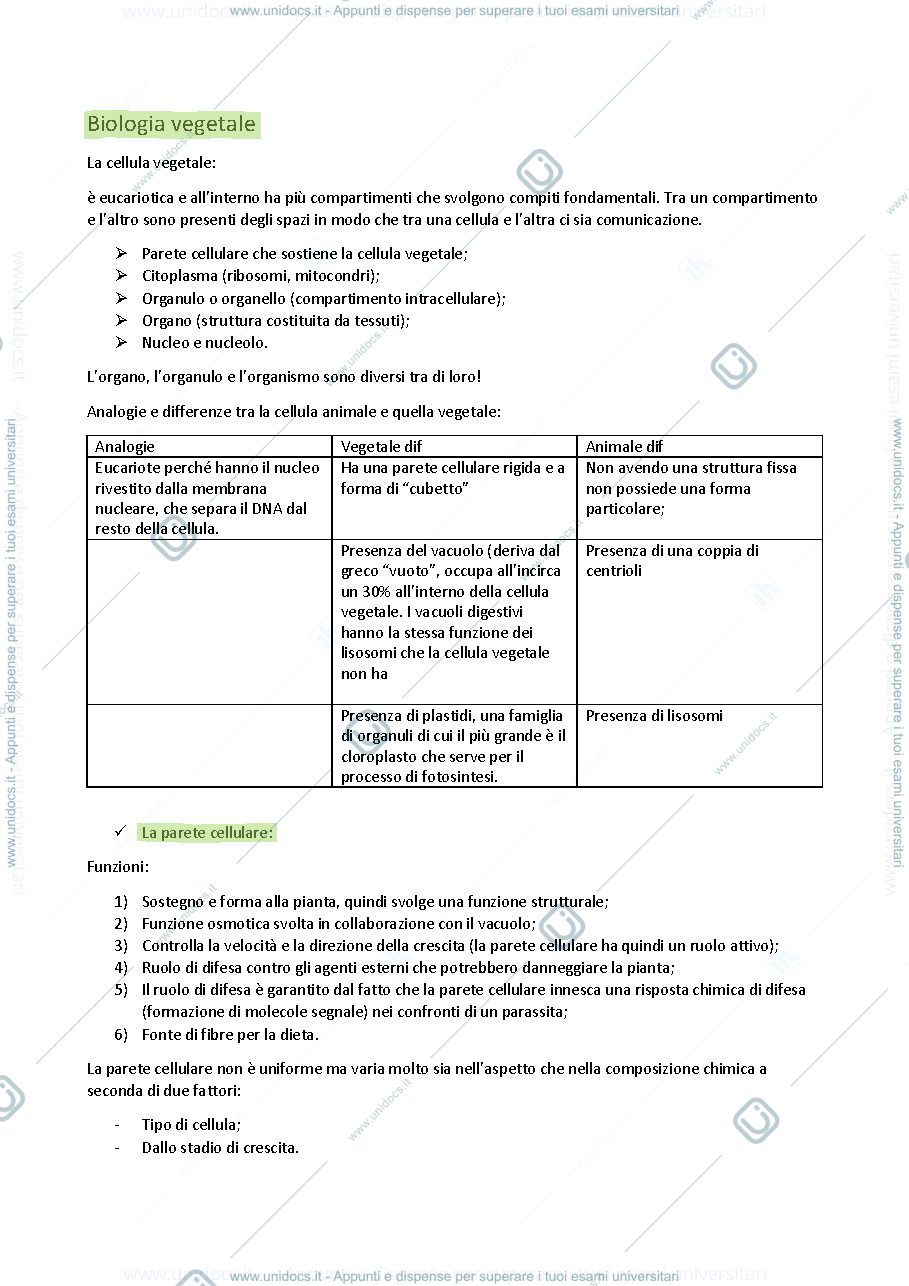 Anteprima pagina 1 — Appunti di biologia vegetale 