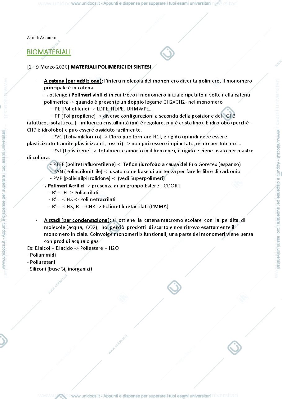 Anteprima pagina 1 — Appunti lezioni su Materiali polimerici e Metodi di caratterizzazione