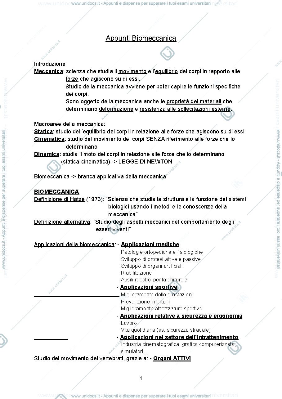 Anteprima pagina 1 — Appunti Biomeccanica