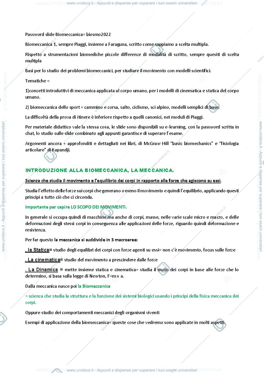 Anteprima pagina 1 — Biomeccanica Appunti Prof. Piaggi