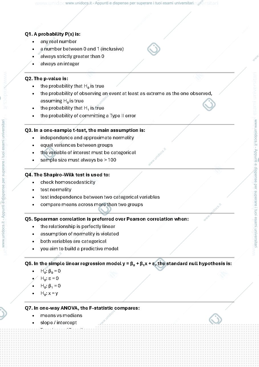 Anteprima pagina 1 — Statistical Analysis and Modelling - Exam questions