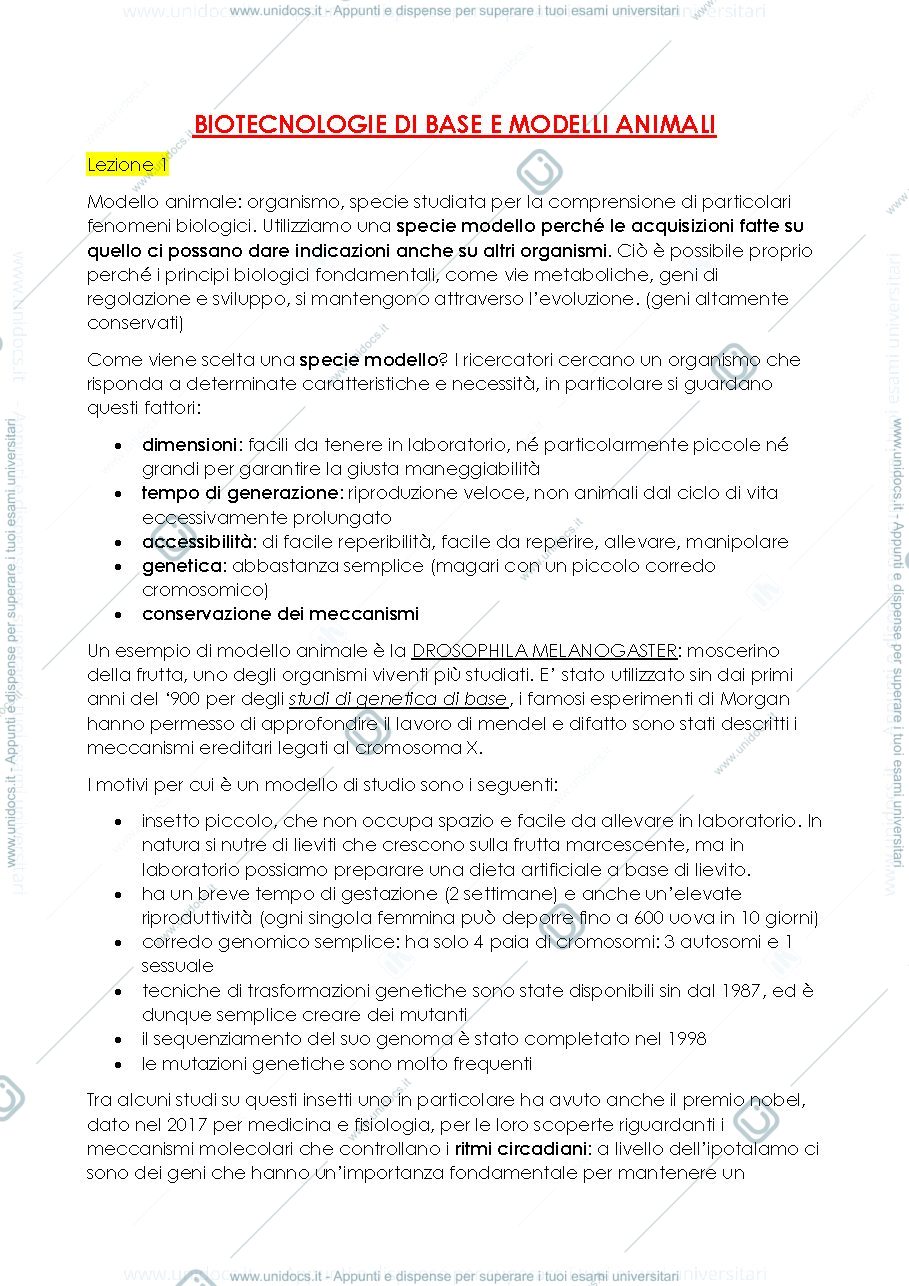 Anteprima pagina 1 — Lezione 1 - biotecnologie di base e modelli animali