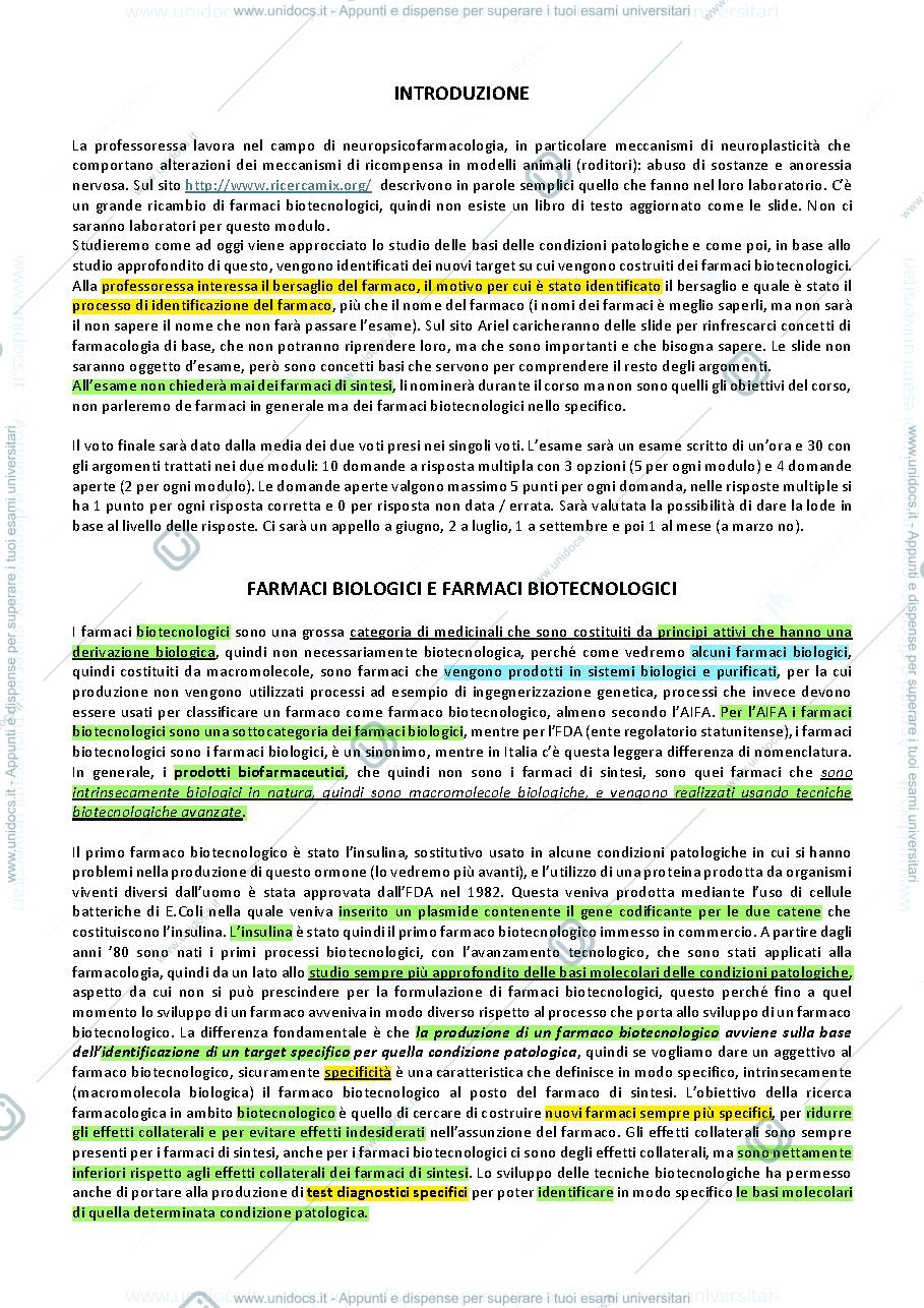 Anteprima pagina 1 — Apunti Biotecnologie del farmaco/ Farmacia biotecnologici in terapia