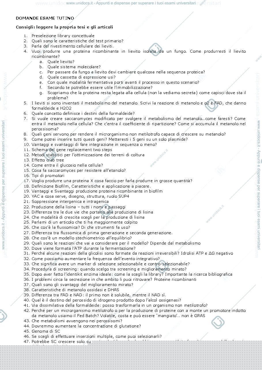 Anteprima pagina 1 — Domande esame Biotecnologie industriali microbiche 