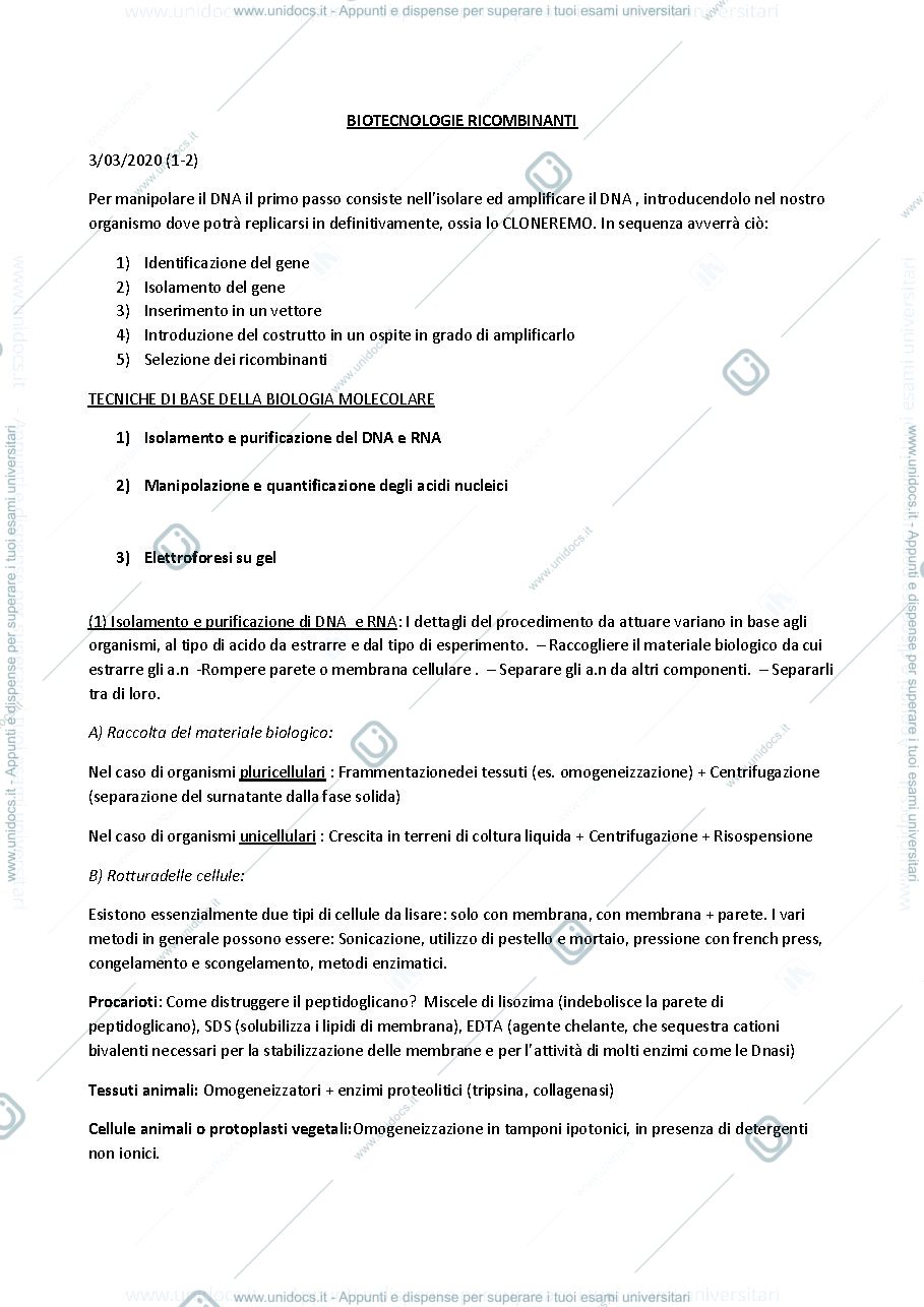 Anteprima pagina 1 — biotec ricombinanti appunti prof. Trovato 