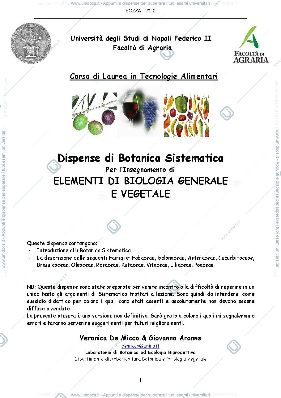 Anteprima pagina 1 — Appunti botanica sistematica 